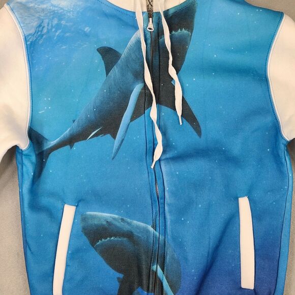 Exist Great White Shark Hoodie Sweatshirt Adult Size Small White Blue - Picture 3 of 12